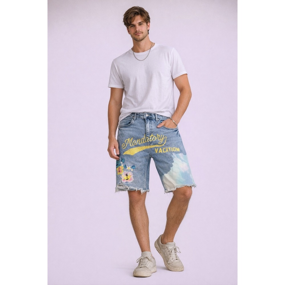 First Row Denim Shorts 34 Distressed Graphic "Mandatory Vacation" Embroidered